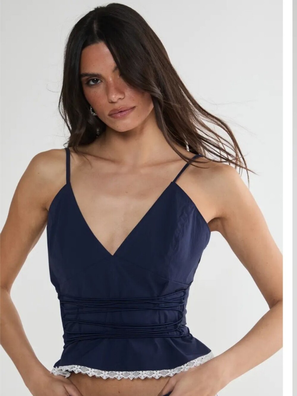 Nasty Gal Navy Lace-Trim Spaghetti Strap V-Neck Strappy Top Sz 8 NWT